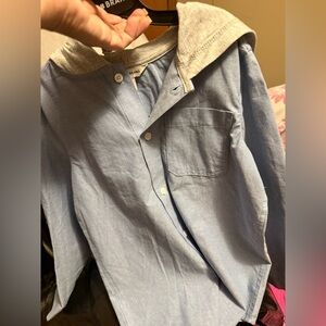 Blue Button-Up Shirt with Gray Hood